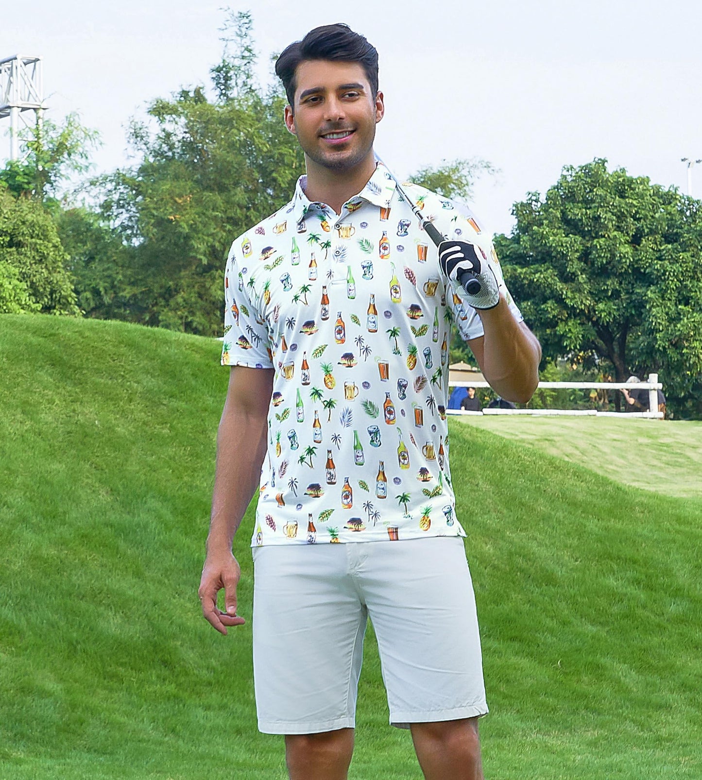 Alex Vando Mens Hawaiian Golf Shirt Moisture Wicking Digital Print Golf Shirts for Men,White Beer,XL