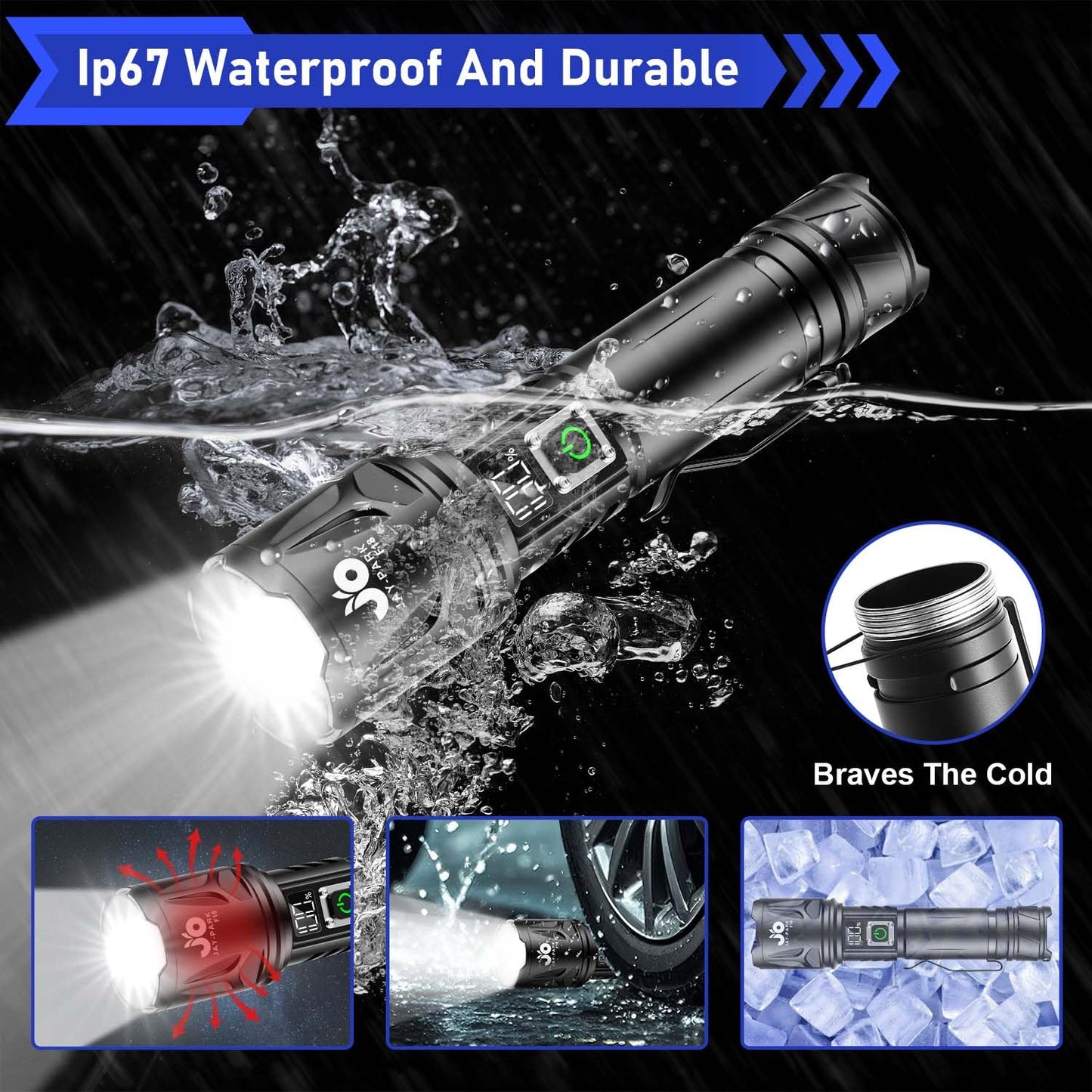 JAY-PARK High Lumen Flashlight - 100000 Lumens, Rechargeable 5000mAh with LCD Display, Zoomable Long Beam (3000m), IP67 Waterproof, 5 Modes & Belt Clip - for Camping, Dog Walking