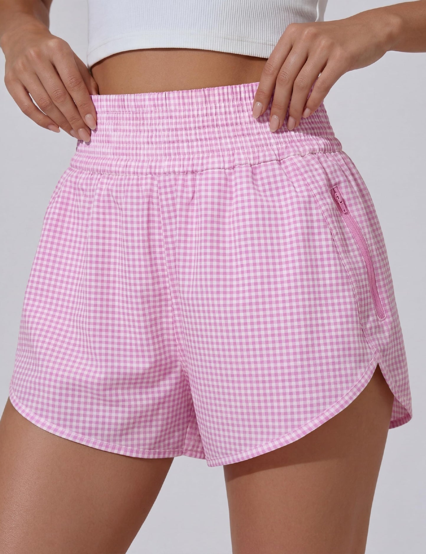 BMJL Women's Athletic Shorts High Waisted Running Short Pocket 2.5" Sporty Shorts Gym Elastic Workout Shorts(M,Pink Plaid)