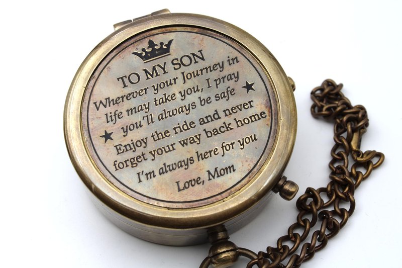 US HANDICRAFTS Brass Compass with Wooden Case | Portable Engraved Compass from Mom to Son | Graduation Gift, Birthday, Inspirational Travel Keepsake, Antique Pocket Compass