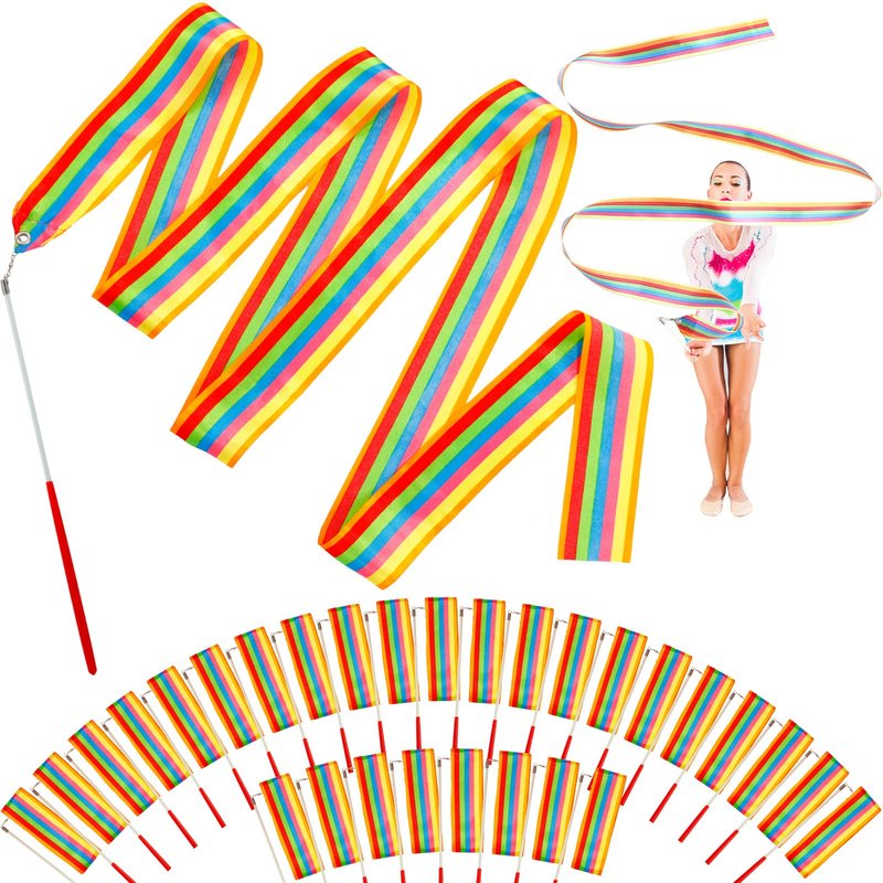 Deekin 48 Pieces Gymnastics Wands Dancing Dance Ribbons Streamers 6.6 Feet Artistic Rainbow Twirling Ribbons for Gymnastics Party Favors with Non Slip Handle