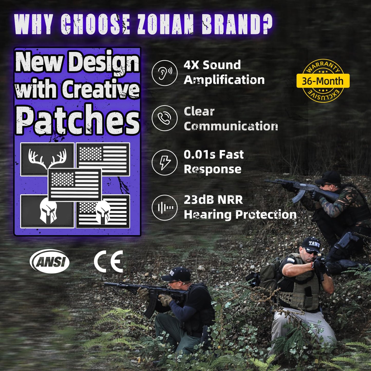 ZOHAN Electronic Shooting Earmuffs with Patches, 2Pack Hearing Protection for Shooters, NRR 23dB Noise Reduction, Gun Range Ear Protection Headphones(Black+Brown)