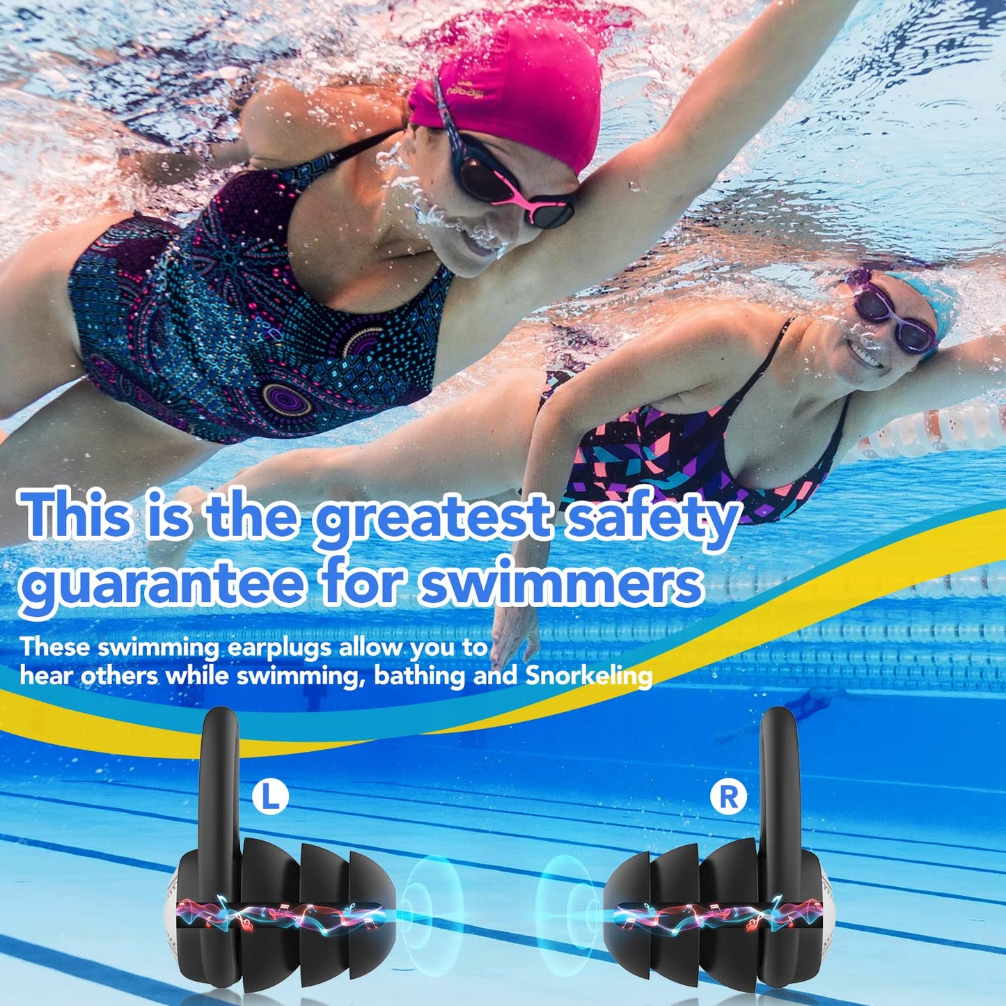 Swimming Ear Plugs Waterproof Earplugs - 3 Pairs Silicone Swim Ear Plugs for Adult Kids, Water Sports Earplugs for Showering, Bathing, Surfing - Keep Ear Water Out (Blue, Black)