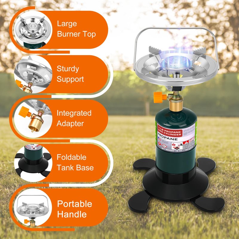 Camping Stove Propane Burner, Portable Camp Stove with Foldable Gas Tank Base, Adjustable Flame Backpacking Cooker for Camping, Small Single Burner Propane Stoves Kit for Hiking Tent Outdoor Cooking
