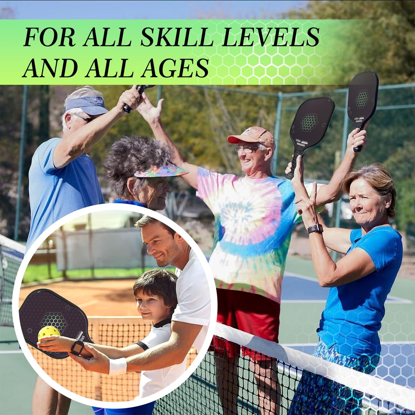 NAGAN Pickleball Paddles, USAPA Approved Durable Fiberglass Surface Pickleball Set with 4 Balls, 1 Bag for Men Women