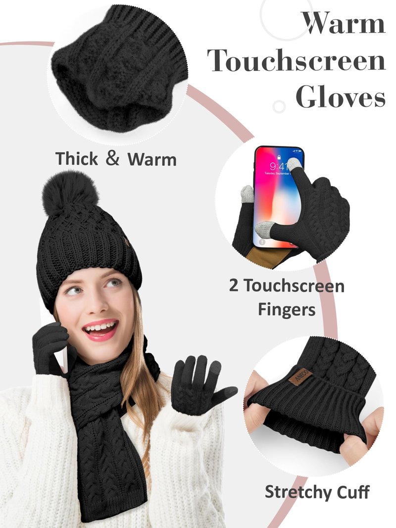 Aneco Women Winter Beanie Hat Scarf Gloves with Pom Pom Fleece Lined Touchscreen Gloves Set Thick Warm Knit Cap 3-in-1 Set Black