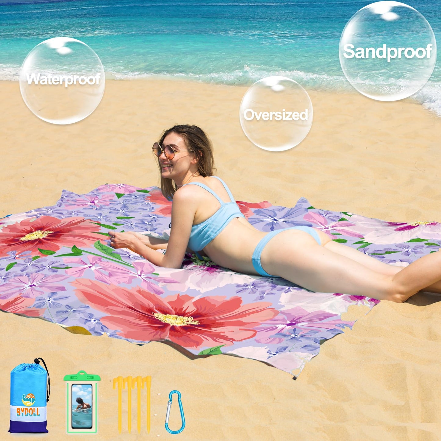 BYDOLL Beach Blanket 78''×81'' 1-5 Adults Oversized Lightweight Waterproof Sandproof Beach Blanket Large Picnic Mat Beach Blanket for Beach Travel Camping Hiking Picnic