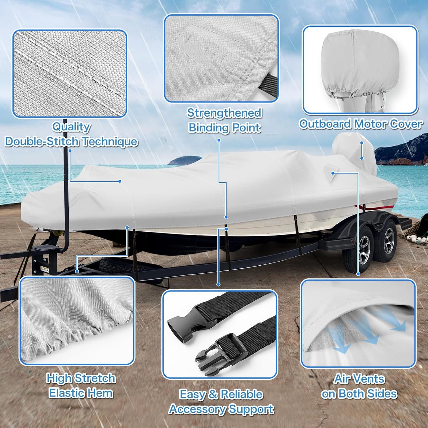 Waterproof Trailerable Boat Cover - Heavy Duty 1200D PU Marine Grade Polyester | Fits 16-18.5' Bass, Fishing, V-Hull, Runabout, Ski Boats