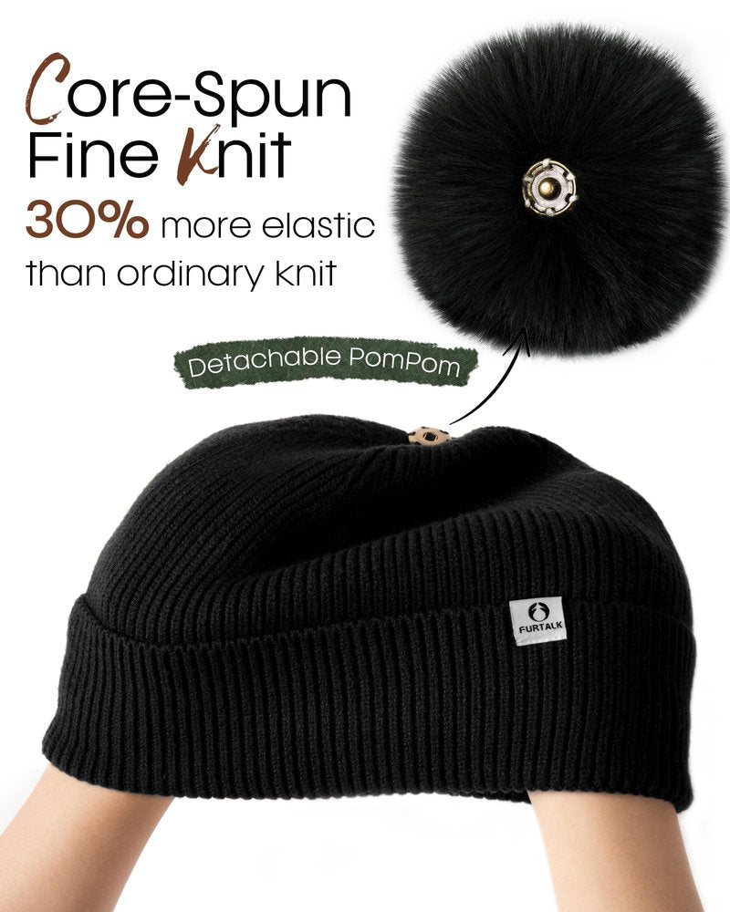 FURTALK Pom Pom Winter Hats for Women Fleece Lined Slouchy Warm Beanie Skull Cap Black