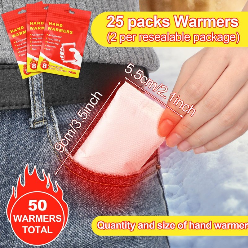 Jenaai 50 Pcs Hand Warmers 3.5x2.1'' Resealable Emergency Hand Warmers up to 8 Hours of Heat Across 72 h (hours) Long Lasting Safe Natural Odorless Air Activated for Cold Winter Skiing Hiking Survival