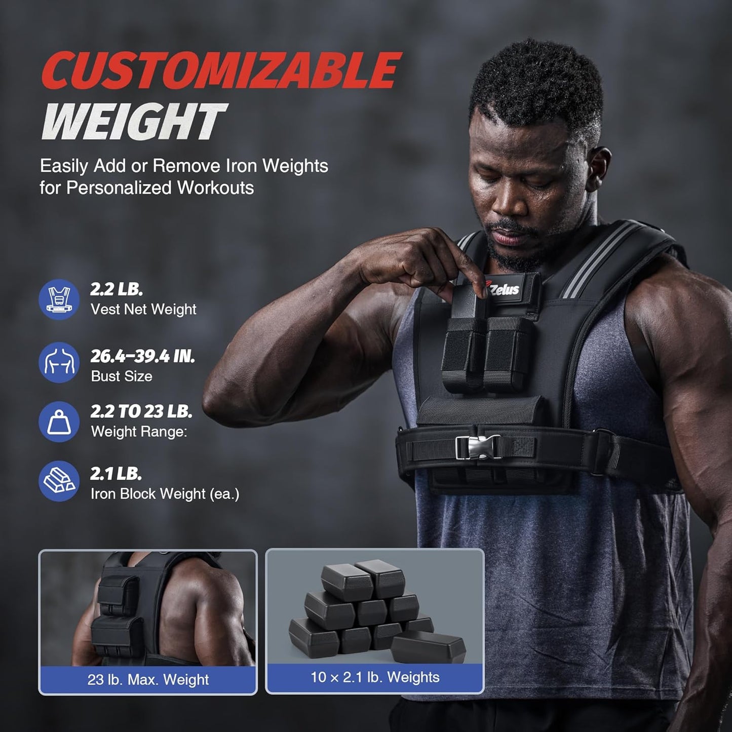 ZELUS Weighted Vest for Men - Adjustable 23lbs to 45lbs with Removable Iron Weights | No-Bounce Design for Strength Training & Running