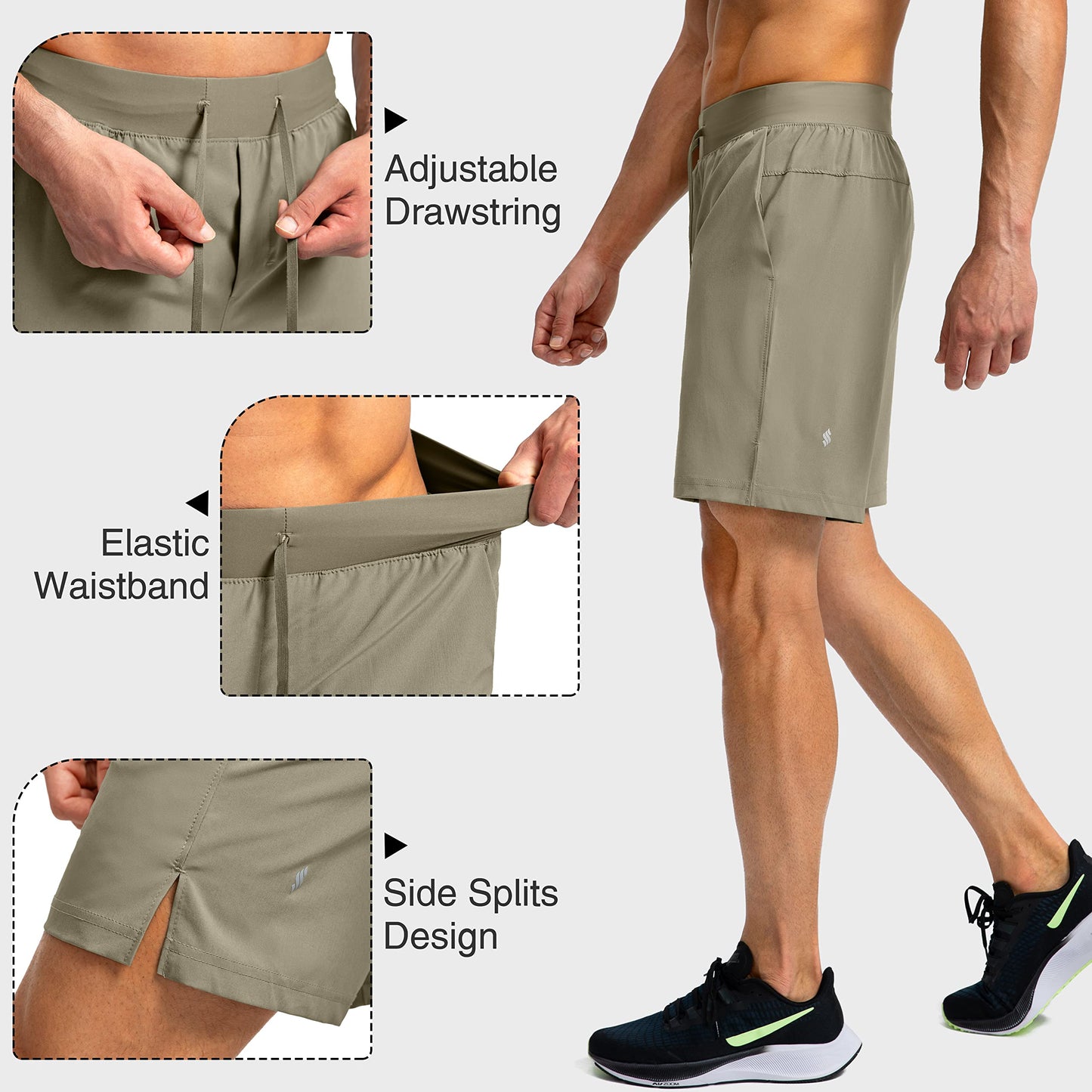 Soothfeel Men's Running Shorts with Zipper Pockets 7 Inch Lightweight Quick Dry Gym Athletic Workout Shorts for Men (Dusty Khaki, XS)