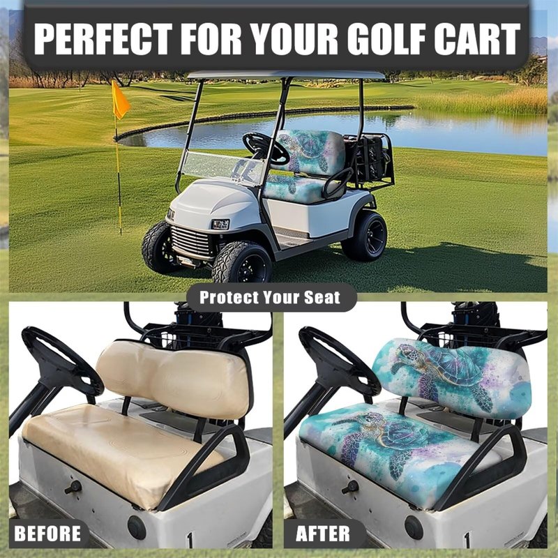 KEIAHUAN Golf Cart Seat Covers for 2 Person Seats Breathable Washable Rear Seat Cover Set Split Backres Front Seat Cover Non-Slip Fit All Golf Cart, Easy Install and Clean, Blue Sea Turtle