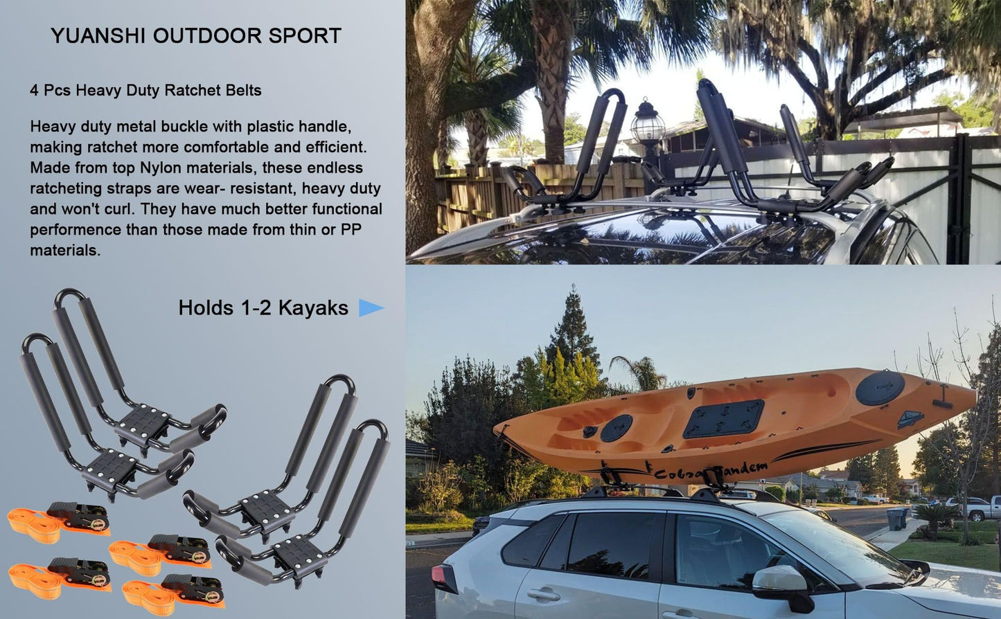 Kayak Roof Rack 2 Pairs Heavy Duty J-Bar Carrier Holder for Canoe, SUV, Cars, Truck, Surf Ski, Tie-Mount on Car Roof Top Crossbar for Trip - Includes 8 Pcs Ratchet, Set of 4