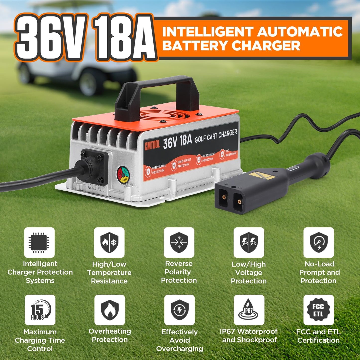 CMTOOL 36 Volt 18AMP Golf Cart Battery Charger for EZGO, IP67 Waterproof, Fully Automatic 36V EZGO Smart Fast Charging Trickle Charger for Lead-Acid Batteries, 16Ft Cable (18A)