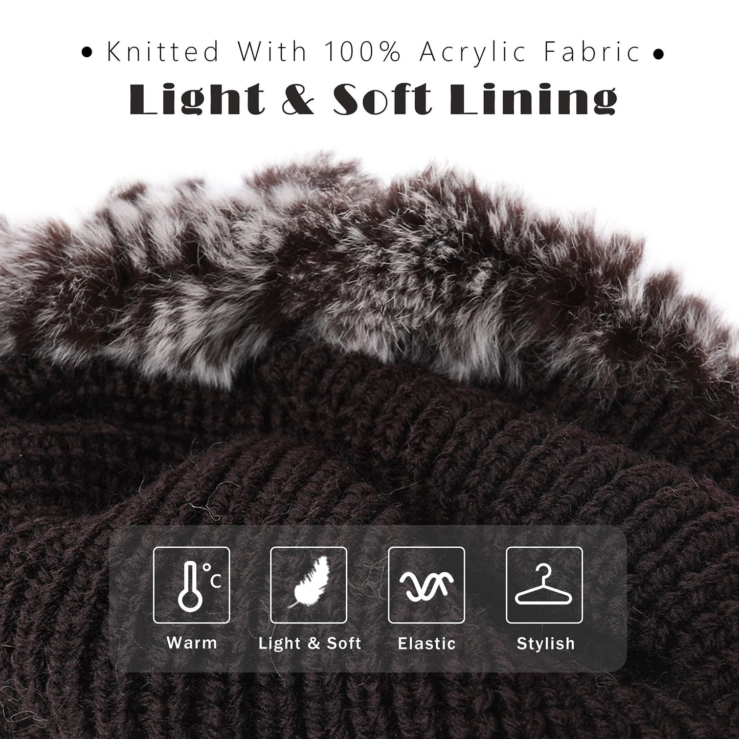 Women's Rabbit Fur Hat Furry Knit Beanie Hat Warm Winter Hat Ski Skull Cap（Stripe-Silver Brown）