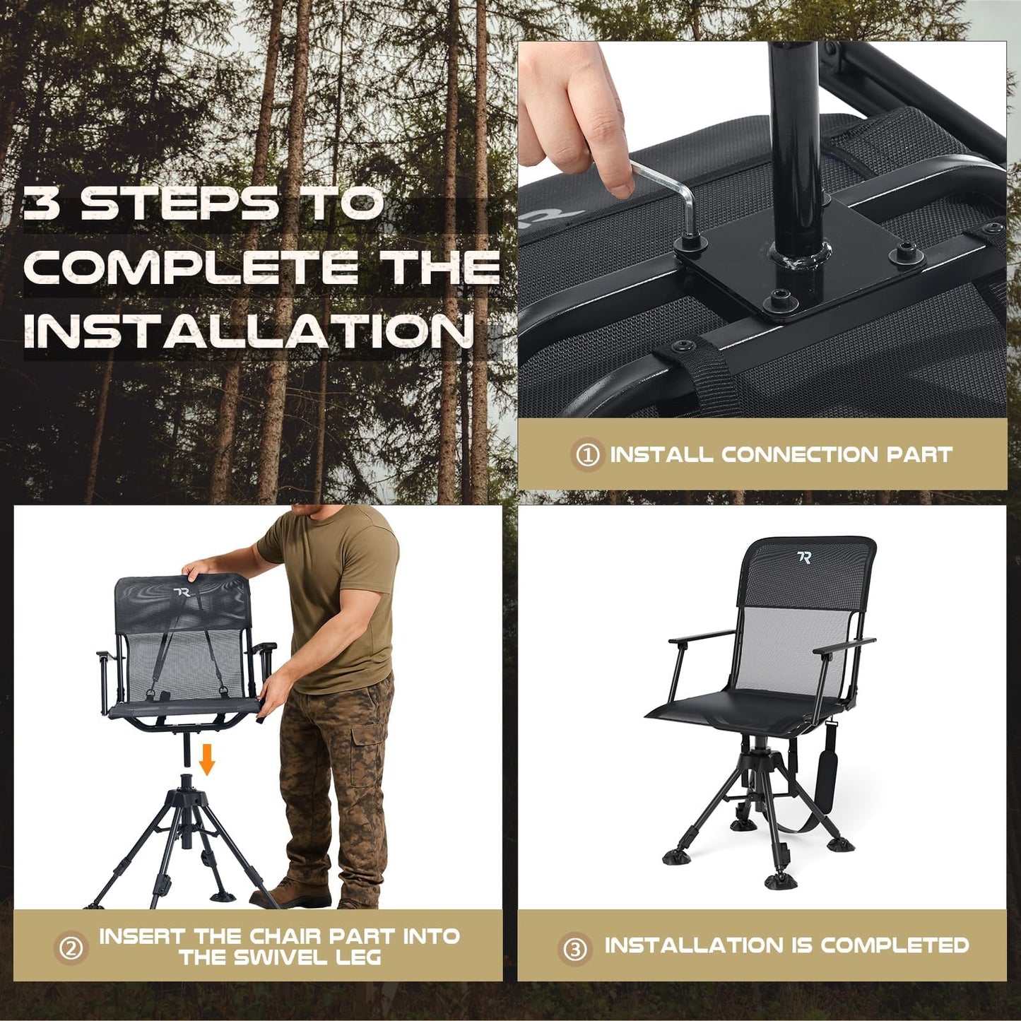 TR 360 Degree Swivel Hunting Blind Chair,400 lbs Capacity Silent,Height Adjustable Hunting Chair with Armrests,Portable Ground Hunting Seat for Deer Turkey
