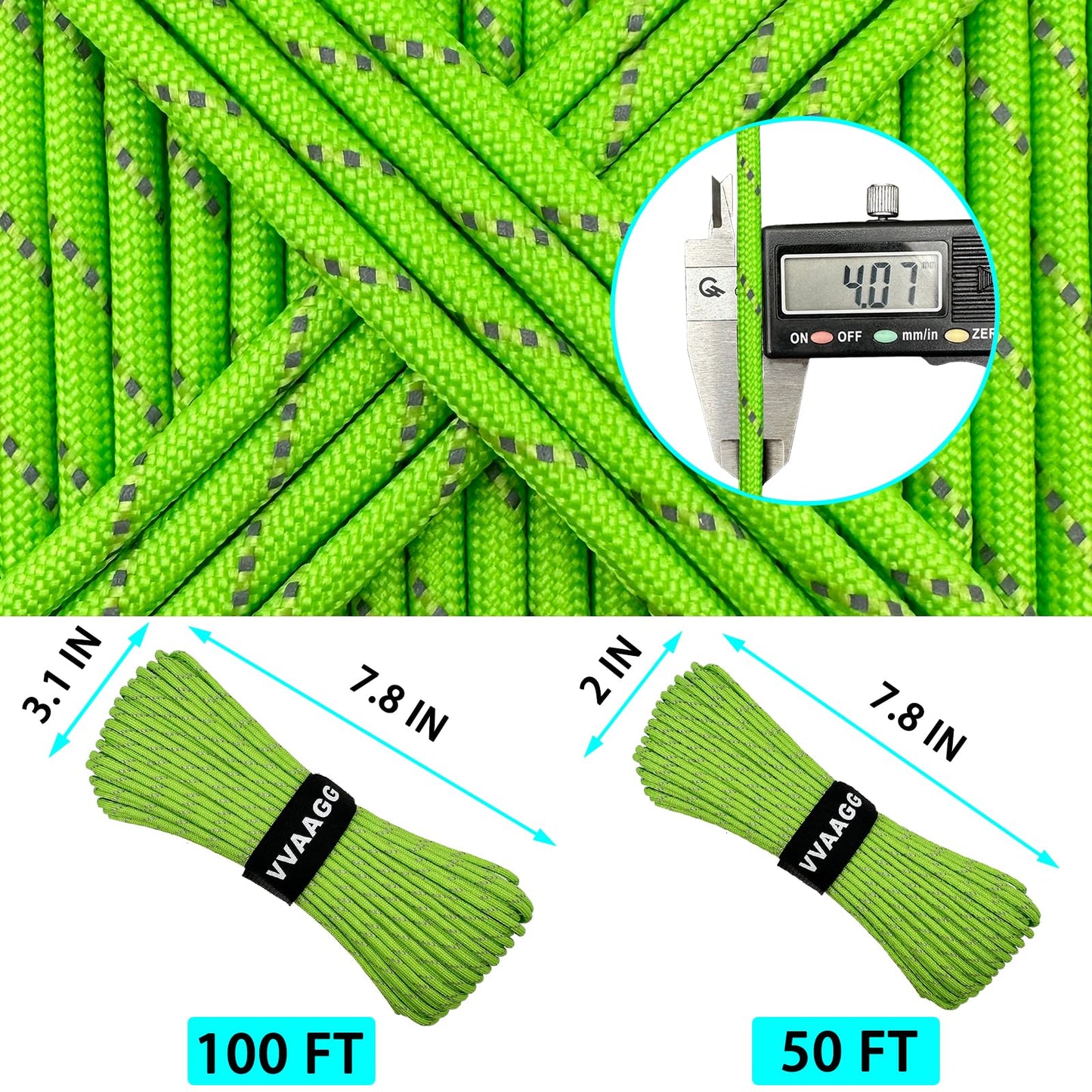 VVAAGG Reflective Paracord Rope 100FT, 7 Strand Nylon para Cord Lanyard Utility 550 Parachute Cord, 4mm Thin Tent Rope for Outdoor Camping Hiking (Neon Green)