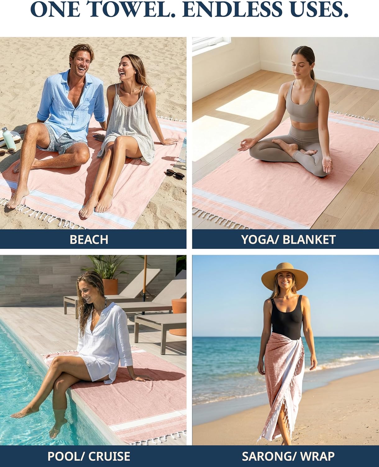 LANE LINEN Oversized Beach Towels 4 Pack - Quick Dry, No Sand, Extra Large 39"x71" - Quartz Pink