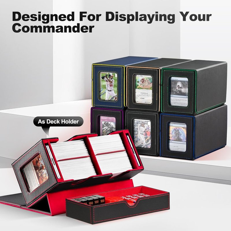 Card Deck Box for MTG - Double Storage Organizer with 2 Commander Displays & 1 Dice Tray | Fits 200+ Double Sleeved Cards (Black Gray)