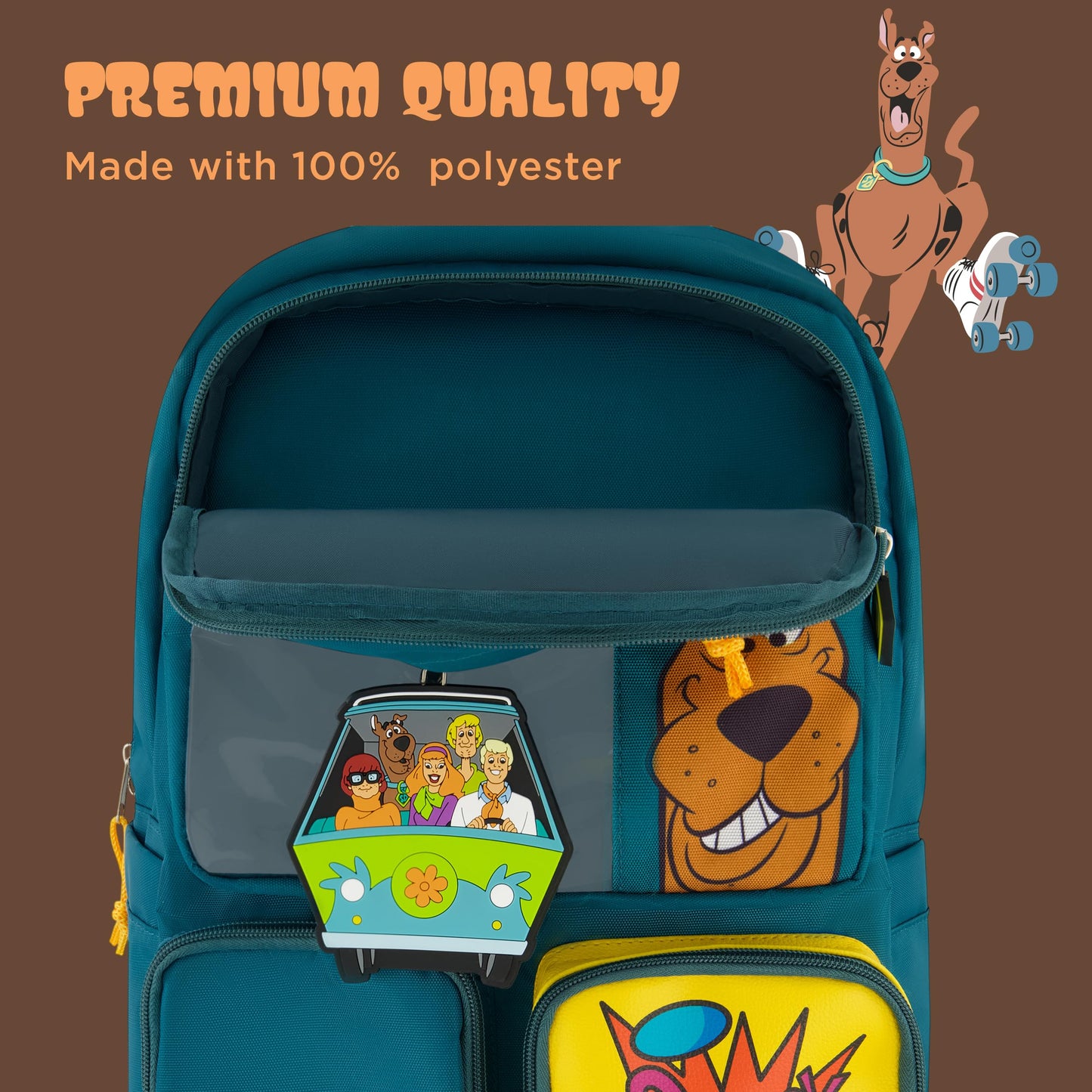 Concept One Scooby Doo Backpack with Mystery Machine Keychain, Travel Bag for Men and Women, Adjustable Shoulder Straps, Green, 17 Inch