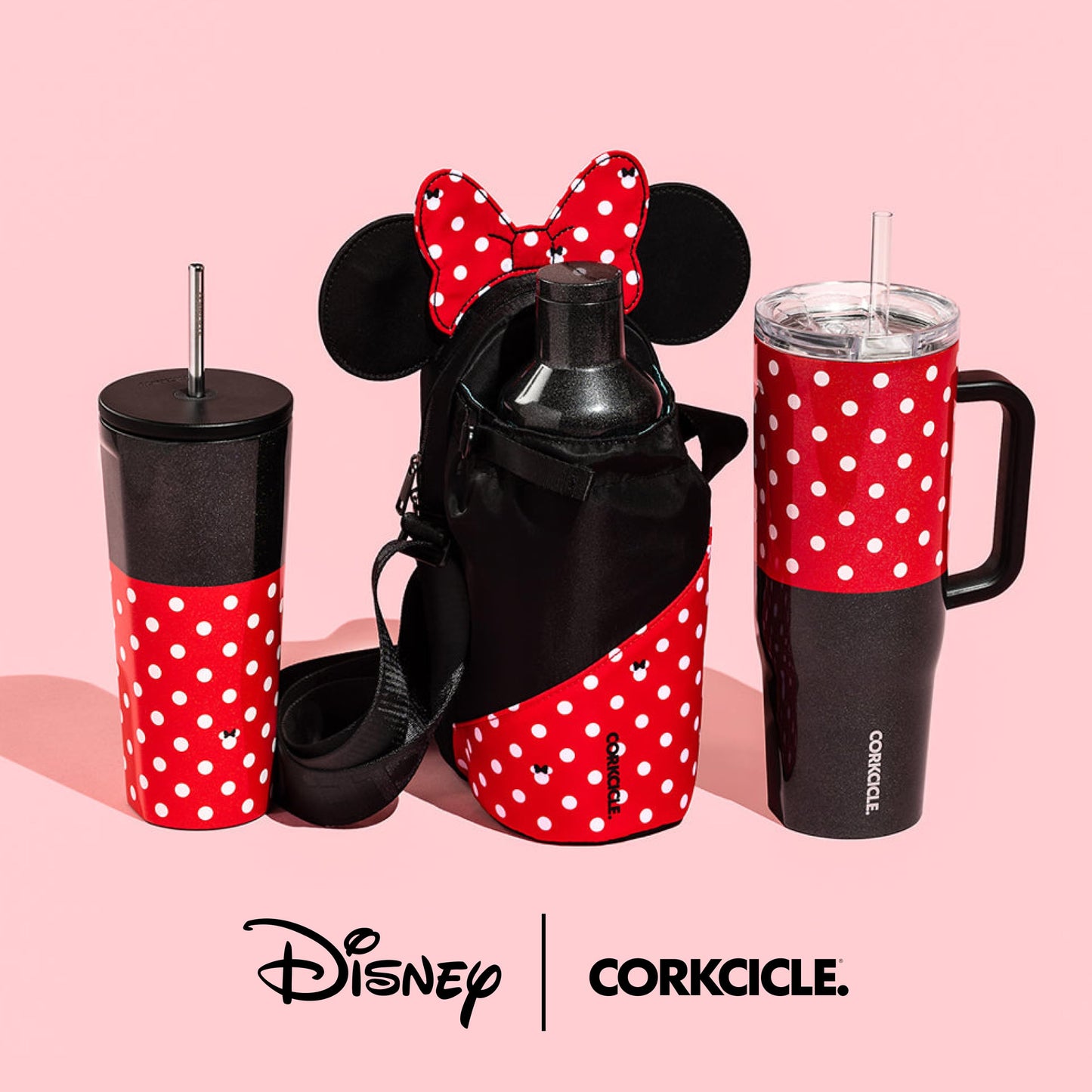 Corkcicle Crossbody Water Bottle Sling Bag - Adjustable Strap - Padded Interior Pocket - Fits 16 oz to 40 oz Tumblers - Summer Drinkware Gift - Black Minnie Mouse Ears