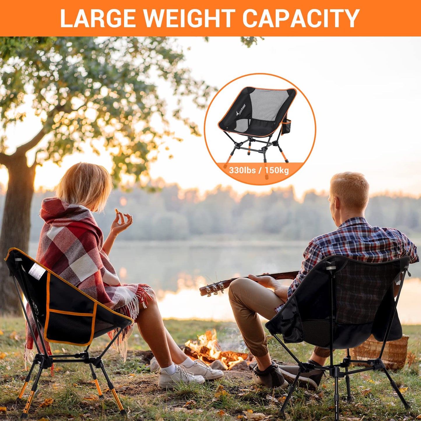 Sportneer Camping Chairs, Folding Chairs for Outside Adjustable Height Beach Chair for Adults Portable Camp Chairs Foldable Compact Backpacking Chair for Camping Hiking Picnic Outdoor (2, Orange)