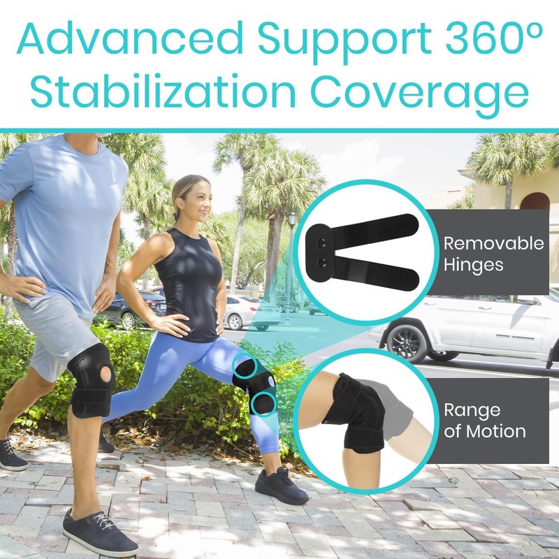 Vive Hinged Knee Brace - Relieves ACL, MCL, Meniscus Tear - Lightweight, Comfortable, Breathable Open Patella Wrap with Side Stabilizers - for Women & Men - Adjustable Strap for Tendonitis