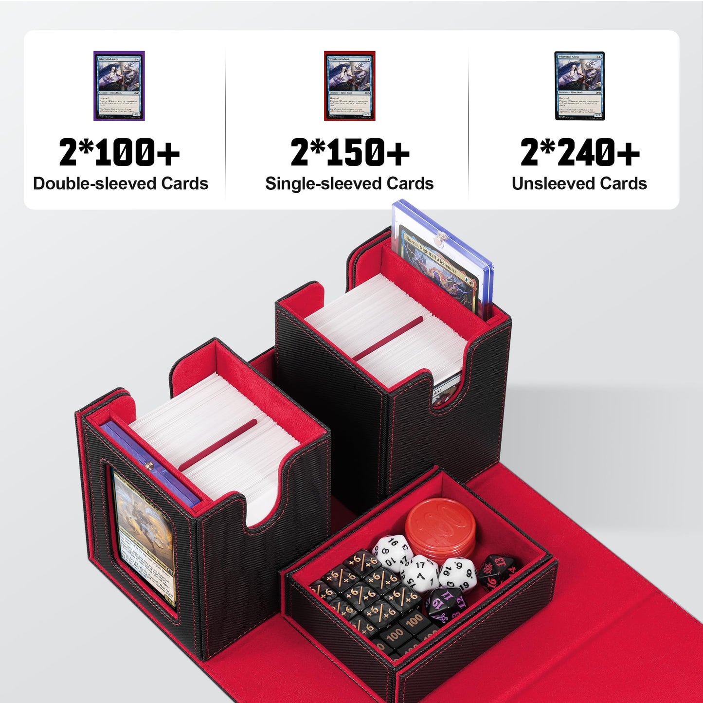 ZLCA Card Deck Box with Commander window Display, MTG Deck Box with Dice Tray Holds 200+ Double-Sleered Cards,Card Storage Case fit for YuGiOh,MTG,Sport (Black&Red)