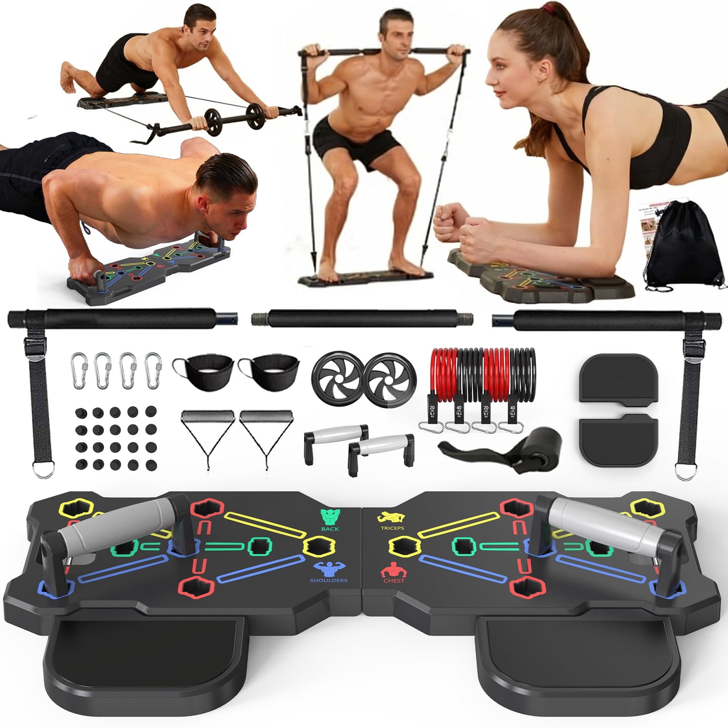 HOTWAVE Portable Workout Equipment with 20 Gym Accessories, Push Up Board &Plank Trainer, Resistance Bands with Ab Wheel, Exercise at Home For Men and Women