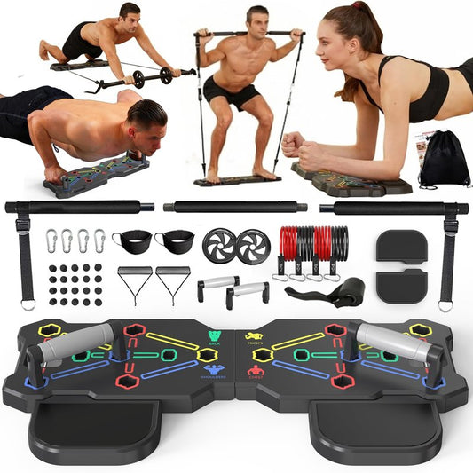 HOTWAVE Portable Workout Equipment with 20 Gym Accessories, Push Up Board &Plank Trainer, Resistance Bands with Ab Wheel, Exercise at Home For Men and Women