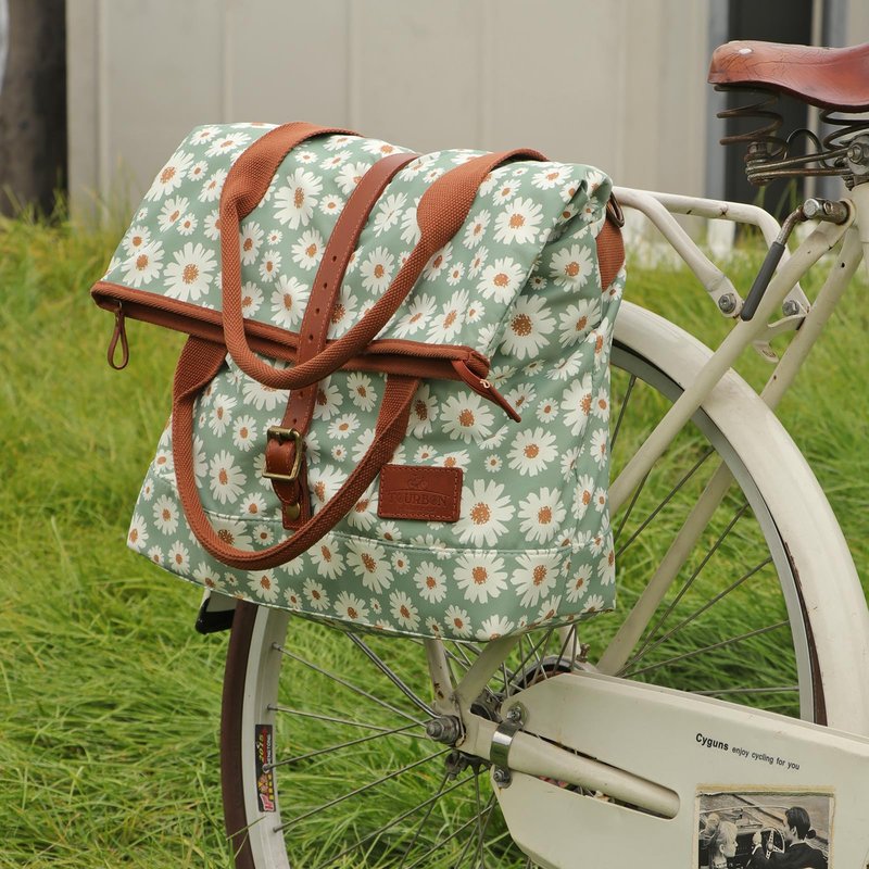 TOURBON Nylon and Leather Roll-top Clip-On Bicycle Panniers Women's Shoulder Tote Bag (Light Green with Flower)