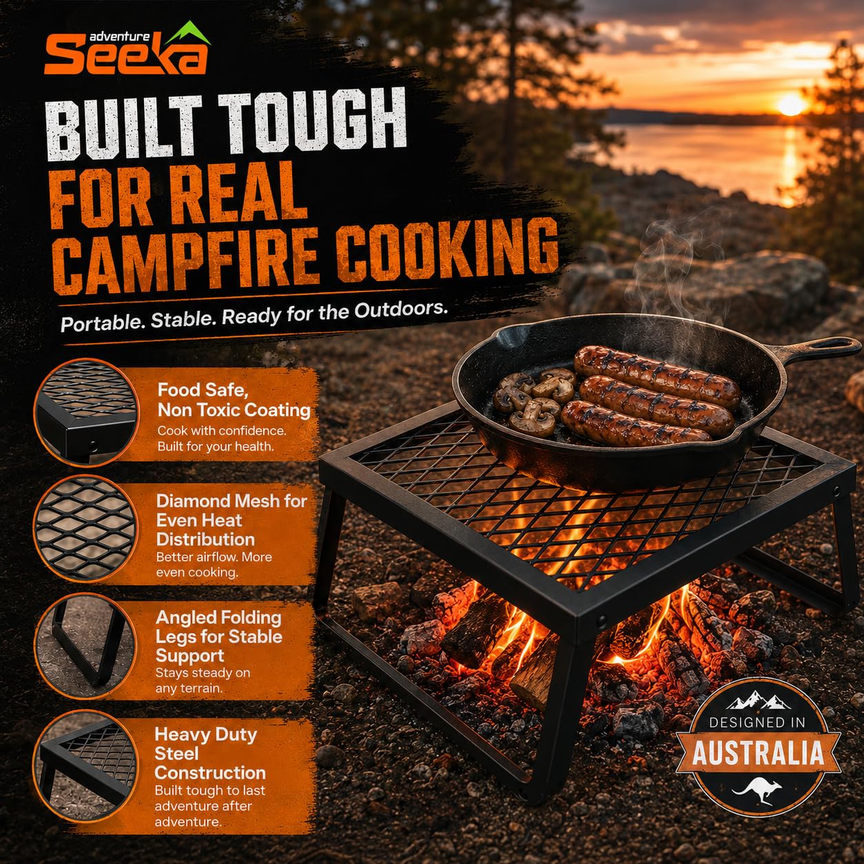 Adventure Seeka Folding Campfire Grill – Portable Over-Fire Grill with Food-Safe Coating, Heavy Duty Steel, Compact with Folding Legs - Camping, RV, Overlanding, Fire Pits