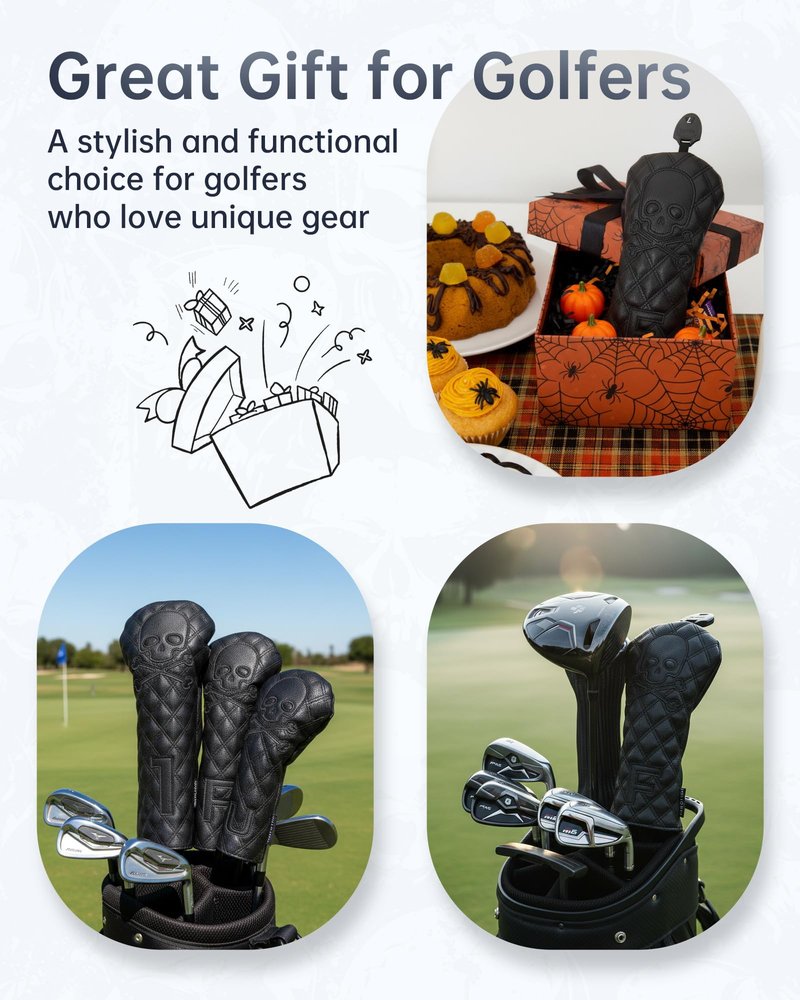 Golf Club Covers – Driver Headcover, Black Skull Leather, Fairway Wood & Hybrid, 3 Wood Headcover, Waterproof Easy-Clean, Universal Fit