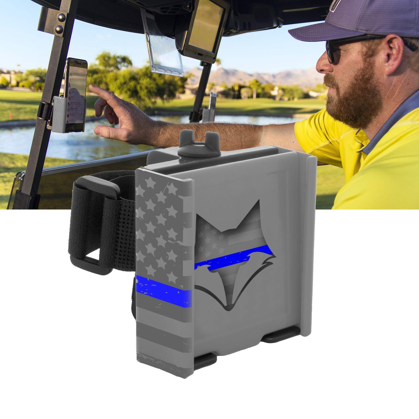DESERT FOX GOLF Phone Caddy – American Flag Golf Cart Phone Holder – Secure Velcro Mount, One-Hand Access, Universal Fit, Patriotic Golf Accessories (Blue Line)