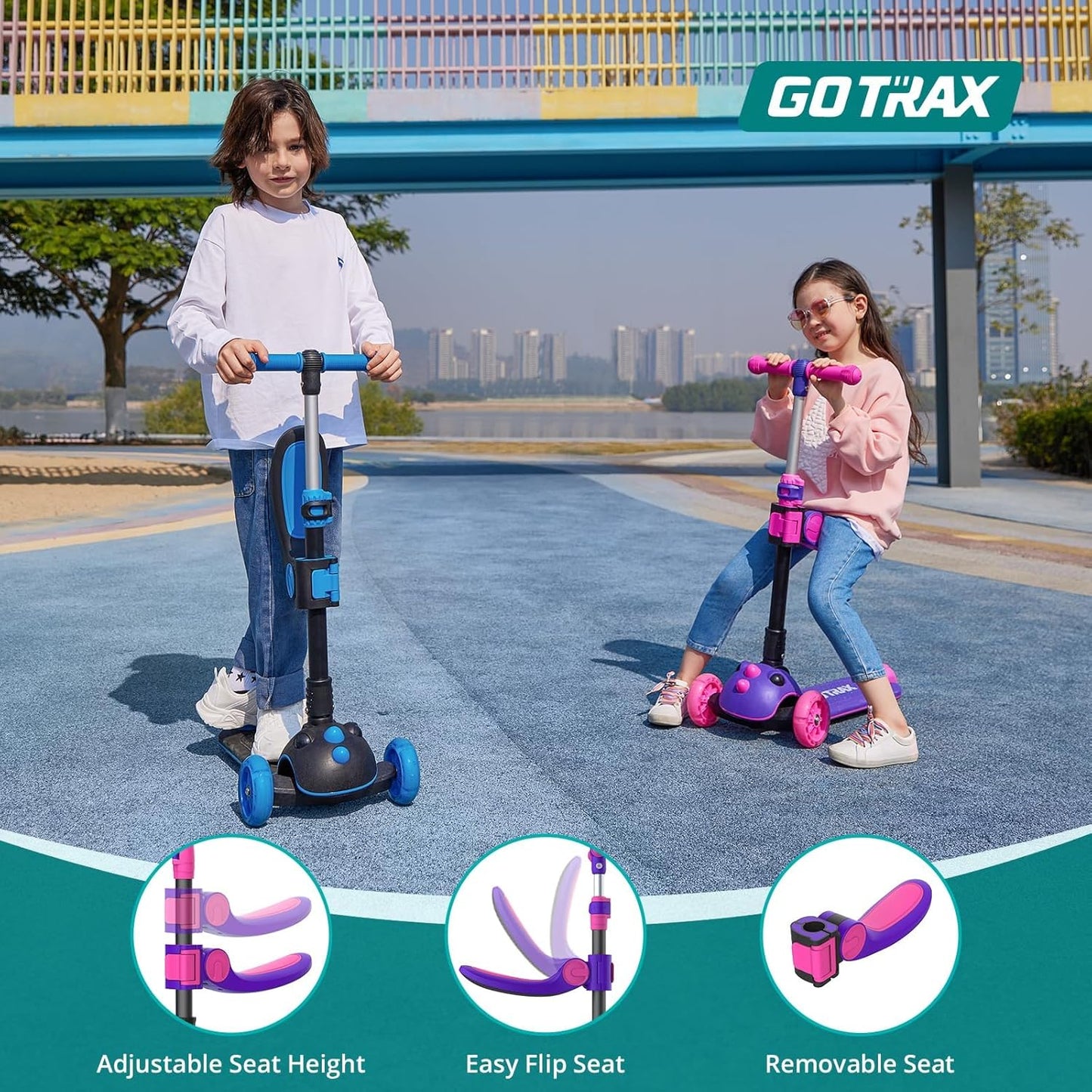 Gotrax KS3 Pro Folding Kick Scooter for Kids - Removable Seat, Light-Up Wheels & Adjustable Handlebar | Ages 2-8