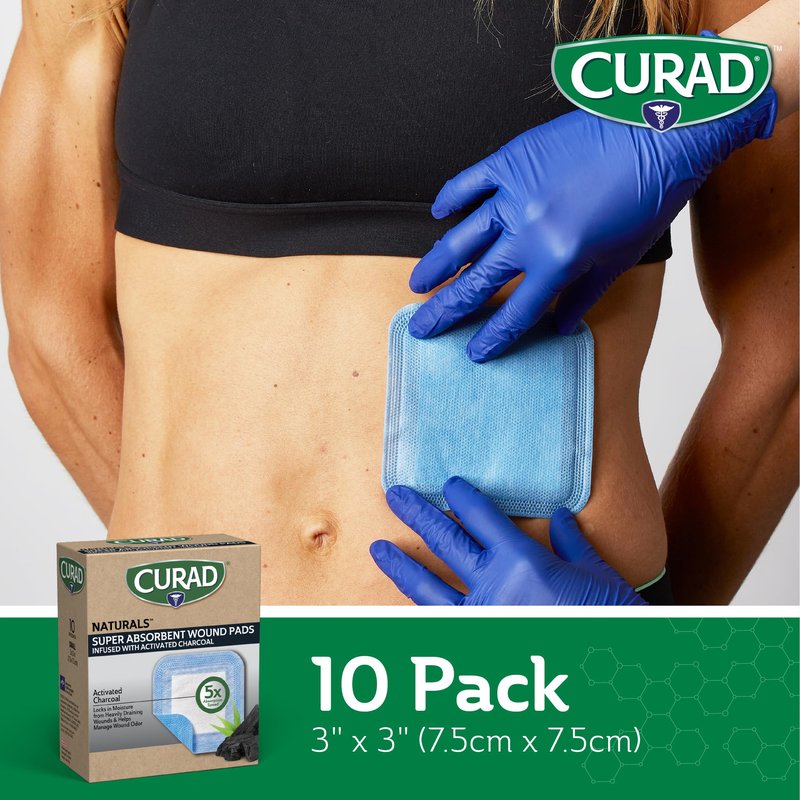 CURAD Naturals Charcoal Super Absorbent SAP Wound Pads, 3" x 3", 10ct, Pack of 3