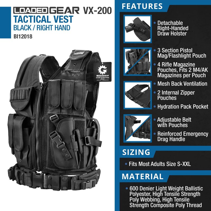 Barska Loaded Gear VX-200 Tactical Vest – Right Hand Holster, Adjustable Fit, Mag Pouches, Belt, ID Panel, Rescue Handle – Combat Vest for Airsoft or Training