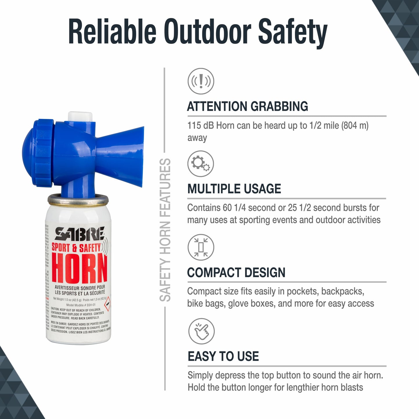 SABRE Sport and Safety Horn, 115 dB Air Horn, 60 ¼ Second or 25 ½ Second Bursts, Audible Up To 1/2-Miles (804-Meters), Perfect for Use at Sporting Events, Boating, Camping, Hiking