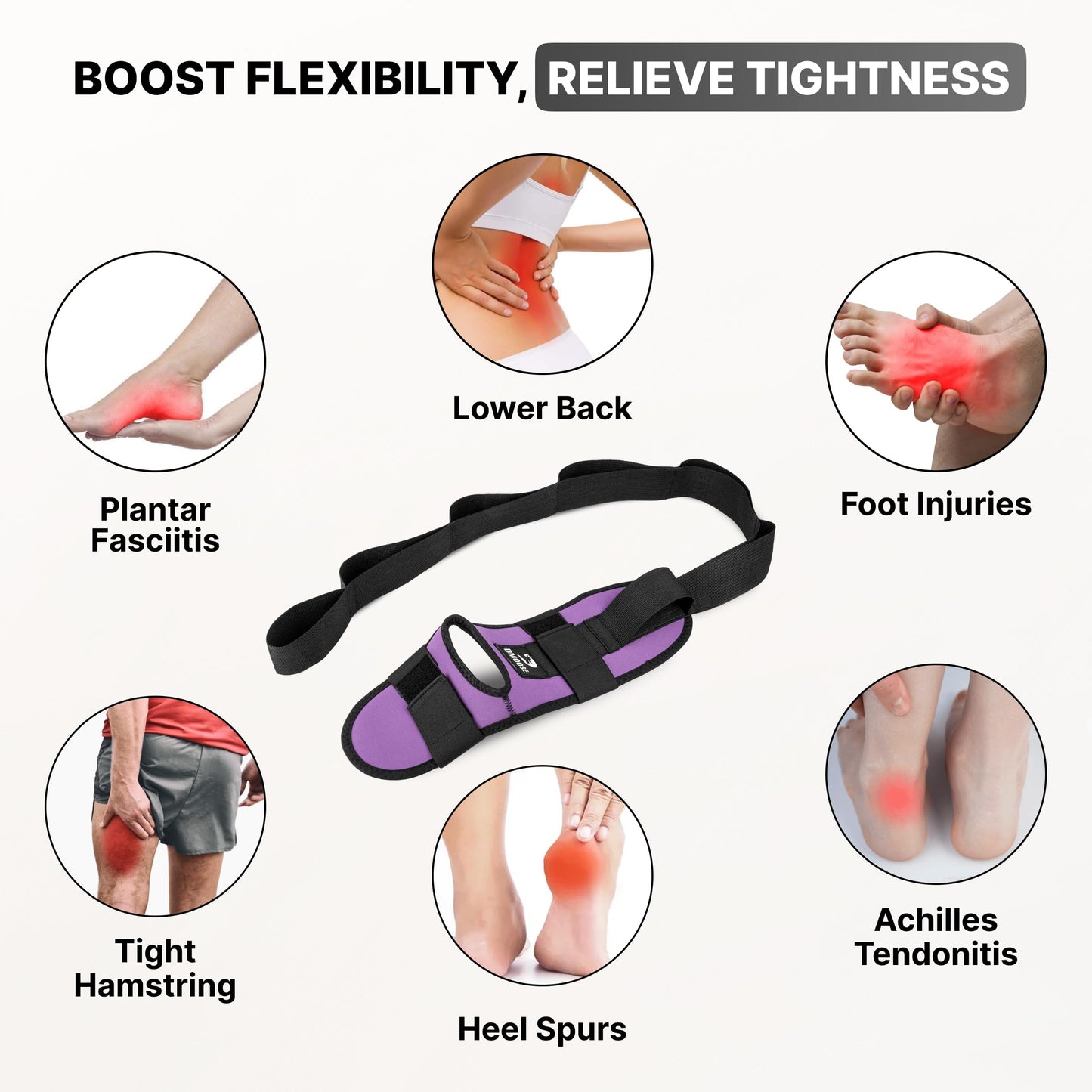 DMoose Fitness Foot & Calf Stretcher with Adjustable Padded Stretching Strap for Plantar Fasciitis, Hamstring, Heel Spurs and Achilles Tendonitis Relief - Yoga Leg Stretch Strap (Purple)