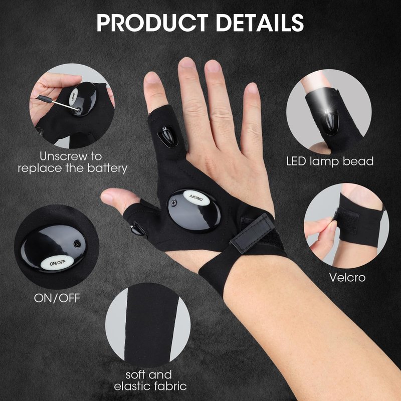 OMASUNB Flashlight Gloves for Men, 4 PCS (2 Pairs) LED Gloves, with Finger Flashlights for Fishing, Repairing and Camping, Ideal Gifts for Men, Dads and Boyfriends on Valentines Day and Birthdays