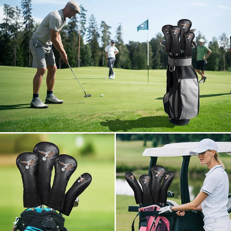 Ausluofell Golf Club Head Covers Set - Waterproof PU Leather Iron/Wood/Putter Headcovers (1,3,5, H Size) Premium Lightweight Golf Head Cover with Anti-Scratch Protection for Men & Women (Black)