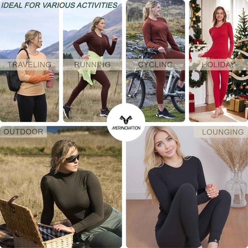 MERINNOVATION Merino Wool Base Layer Set for Women 100% Merino Wool Thermal Underwear Set Base Layer Top and Bottom Red 250 L