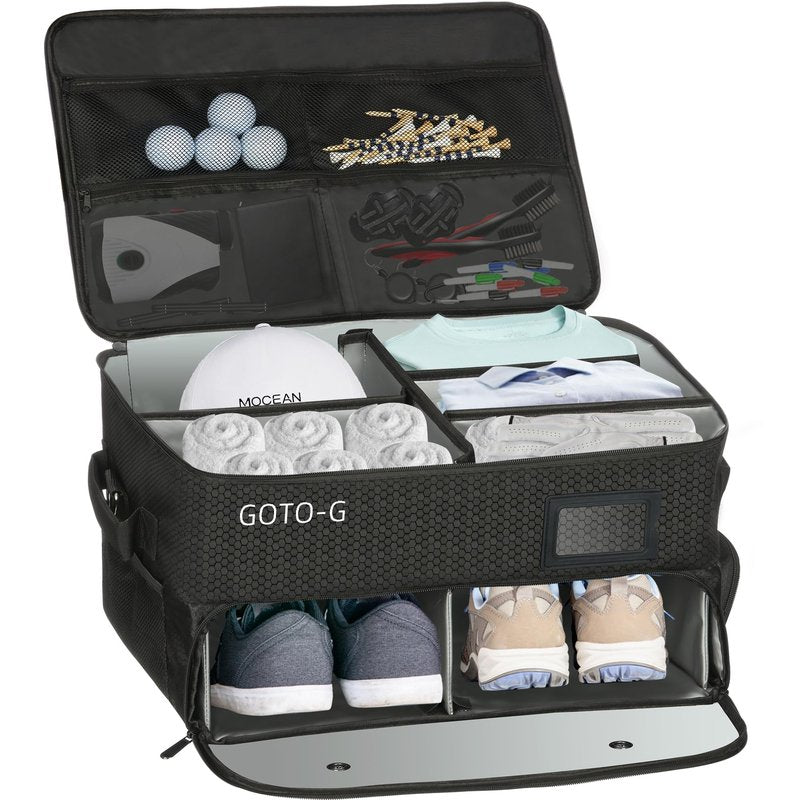 1GoTo-G 3 Layer Golf Trunk Organizer - Large Capacity Golf Trunk Organizer for 2 Pair Size 13 Shoes, Gifts for Men for Accessories, Balls, Tees, Clothes, Gloves