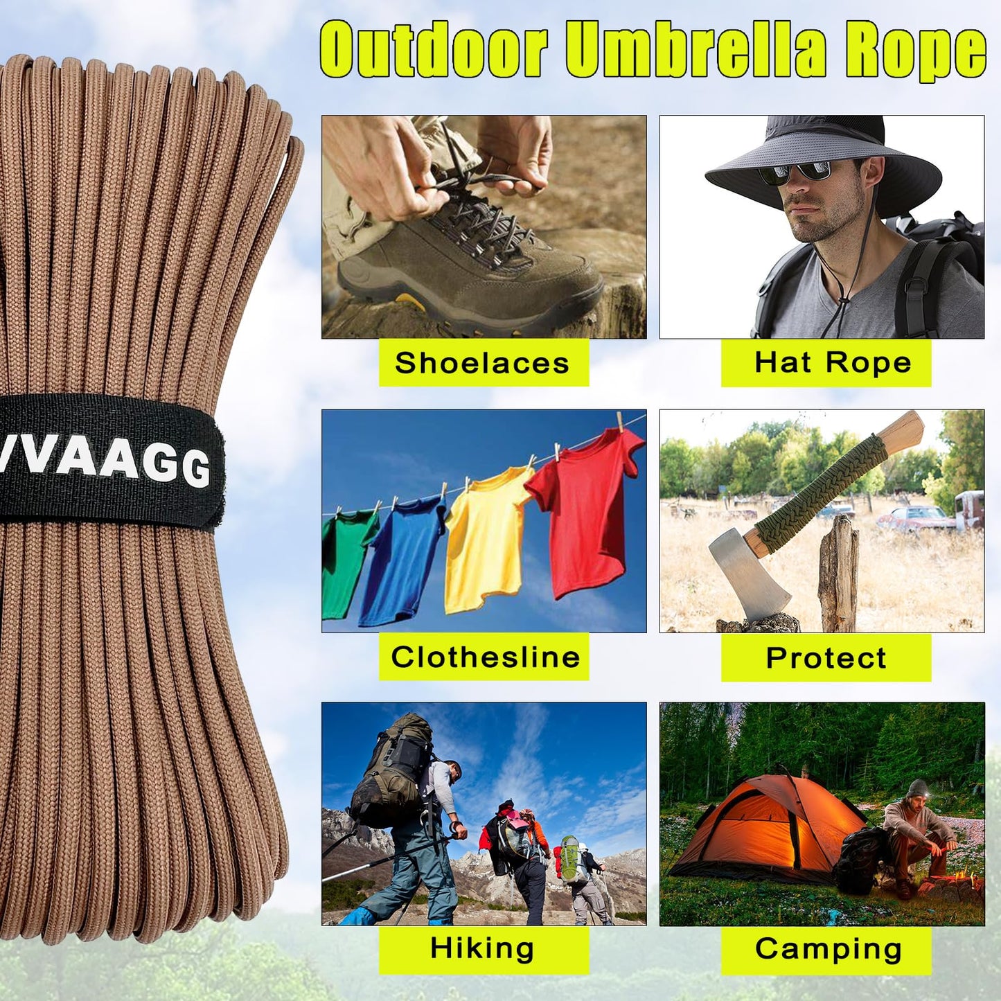 VVAAGG 1000 Paracord Rope 100FT Utility 4mm Parachute Cord Heavy Duty 12 Strand Camping Rope Tent Weatherproof Rope