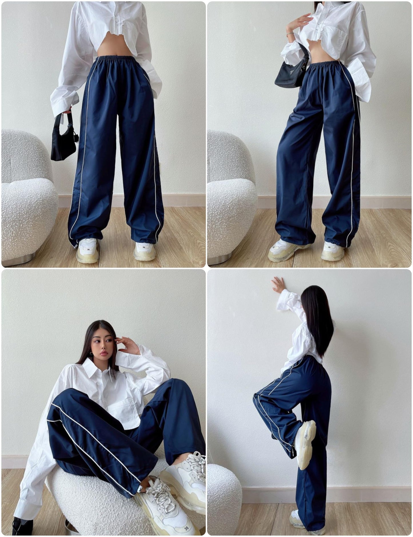 Springrain Womens Wide Leg Track Pants Slouchy Stripe Detail Jogger Sweatpants with Pockets(Navy-M)