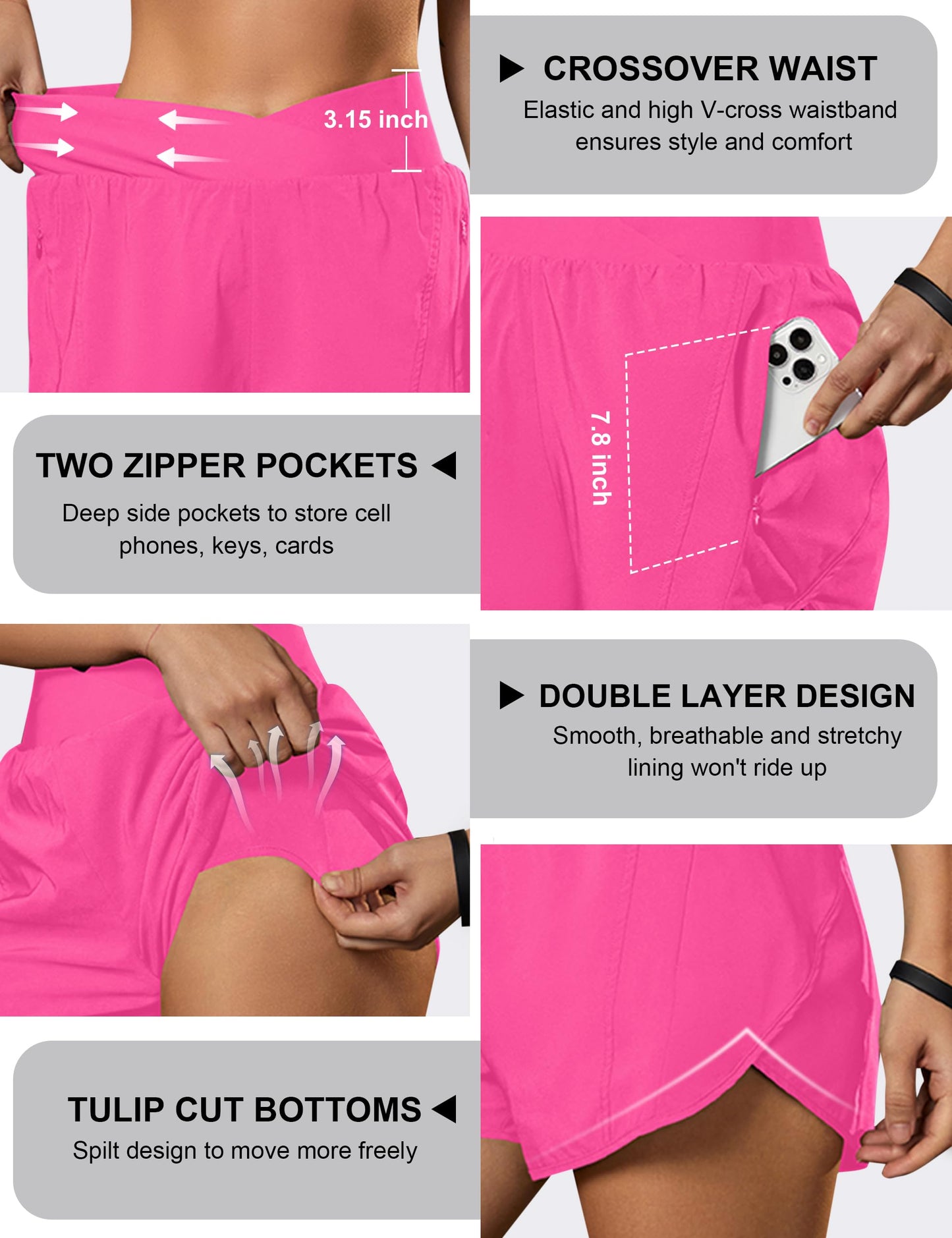 Blooming Jelly Women's Workout Shorts Athletic Running Casual Summer Quick Dry Gym Active Shorts with Zipper Pocket (Hot Pink,Large)