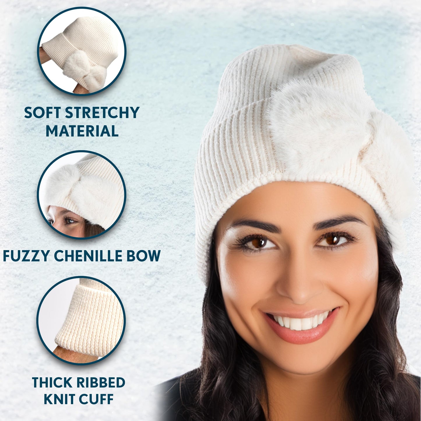 Funky Junque Chenille Velvet Bow Women's Winter Beanie, Beanies Women Premium Blend Material, Superior Warmth and Durability, Wool Beanie Slouchy Beanie for Women (Chenille Bow - Beige)