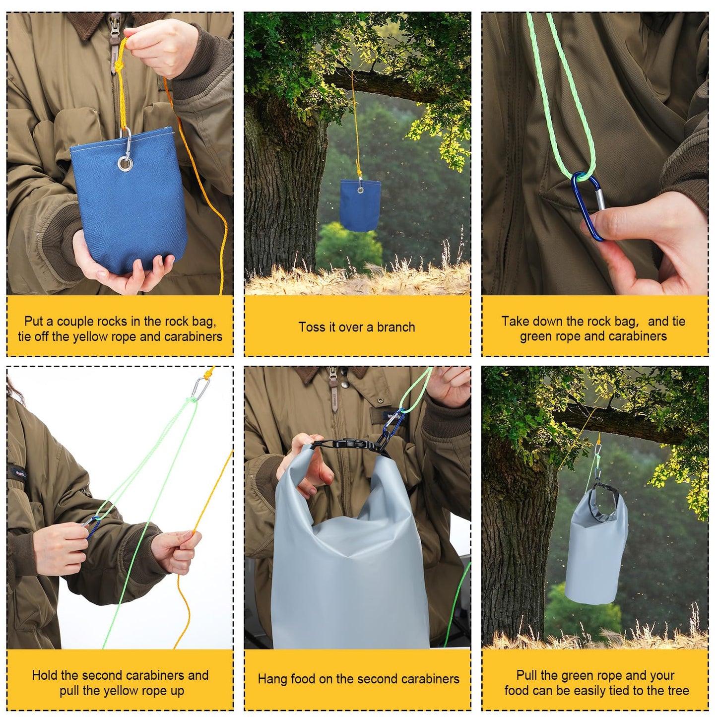 2 Sets Bear Food Bag Hanging System Ultralight Food Bag Hanging System Include 10 L Waterproof Bear Bag for Food Backing, Pulley System, Nylon Ropes and Clips for Camping Backpacking (Bright Color)