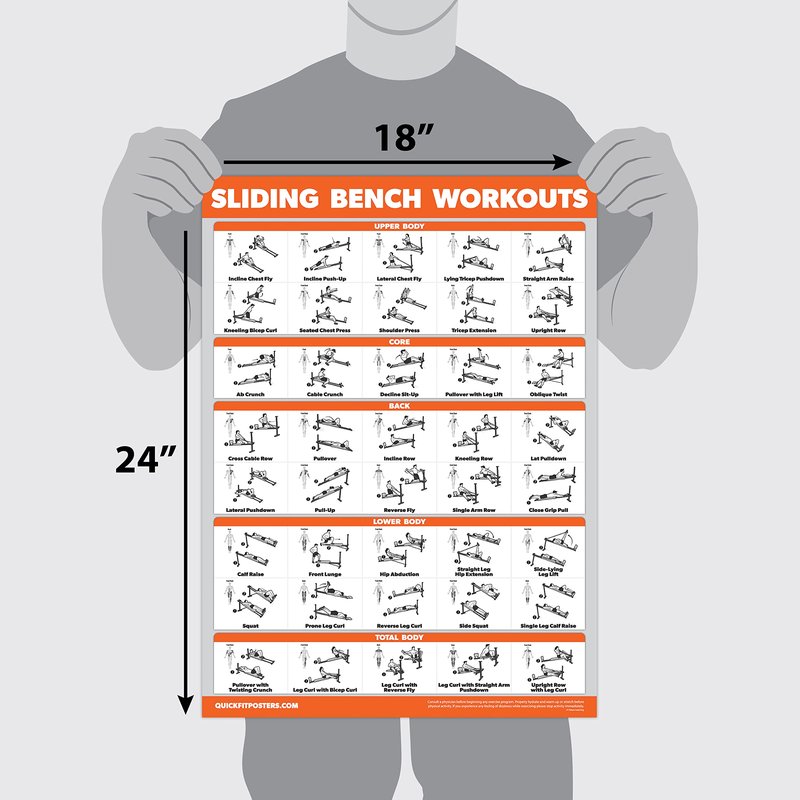 QuickFit 2 Pack - Stretching Exercises and Sliding Bench Workout Poster Set - Compatible with Total Gym & Weider Ultimate Body Works (LAMINATED, 18" x 24")